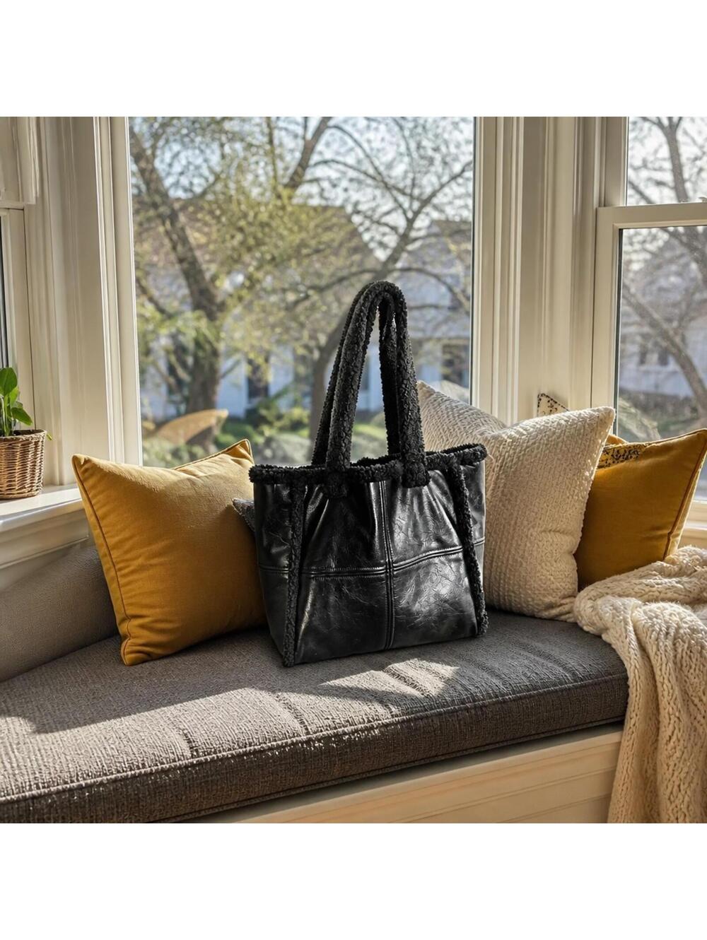 Black Sherpa Fleece Faux Leather Tote 14x7x14